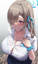 Rule 34 | 1girl, adjusting bowtie, asuna (blue archive), blonde hair, blue archive, blue eyes, blush, bra visible through clothes, breasts, button gap, cleavage, grin, hair over one eye, halo, highres, hot, large breasts, long hair, mole, mole on breast, pleated skirt, raised eyebrows, scrunchie, see-through, see-through shirt, shirt, silver bullet (ecc12 8), skirt, smile, solo, straight hair, sweat, very long hair, wet, wet clothes, wet shirt, white shirt, wrist scrunchie
