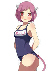 Rule 34 | 1girl, :d, absurdres, arms behind back, bare arms, bare shoulders, blue one-piece swimsuit, blush, breasts, collarbone, covered navel, cowboy shot, fang, highres, horns, looking at viewer, medium breasts, old school swimsuit, one-piece swimsuit, open mouth, original, pink hair, red eyes, school swimsuit, short hair, simple background, smile, solo, surio, swimsuit, tail, white background