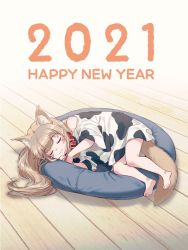 Rule 34 | 1girl, 2021, 40hara, :3, animal collar, animal ear fluff, animal ears, animal print, barefoot, blonde hair, blunt bangs, blush stickers, cat ears, cat tail, closed eyes, collar, commentary request, cow print, happy new year, highres, kinako (40hara), long hair, new year, original, oversized clothes, oversized shirt, pet bed, red collar, shirt, sleeping, solo, t-shirt, tail, wooden floor