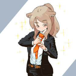 Rule 34 | 1girl, animal ear fluff, animal ears, belt, belt buckle, black jacket, black pants, blush, brown belt, brown eyes, brown hair, buckle, closed mouth, collared shirt, commentary, copyright request, dress shirt, grey background, hyon (hyon noyh), jacket, necktie, open clothes, open jacket, orange necktie, pants, parted bangs, ponytail, shirt, smile, solo, sparkle, symbol-only commentary, two-tone background, white background, white shirt