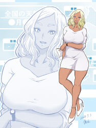 1girl absurdres blonde_hair blue_eyes boku_no_hero_academia breasts character_request dated dress full_body high_heels highres large_breasts medium_hair meryl_(boku_no_hero_academia) mich_kj solo standing watch weathergirl white_dress wristwatch zoom_layer