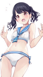 Rule 34 | 1girl, bare arms, bare shoulders, bikini, black hair, blue sailor collar, blush, breasts, brown eyes, collarbone, commentary request, fangs, flying sweatdrops, from below, fukumaru koito, groin, hands up, highres, idolmaster, idolmaster shiny colors, kuroba aki, looking at viewer, looking down, navel, open mouth, parted bangs, sailor bikini, sailor collar, sailor swimsuit (idolmaster), simple background, small breasts, solo, swimsuit, twintails, white background, white bikini