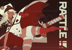 Rule 34 | 1girl, bandaged arm, bandages, breasts, clover, colored eyelashes, dark-skinned female, dark skin, four-leaf clover, guilty gear, guilty gear strive, hair between eyes, long hair, medium breasts, navel, ramlethal valentine, red bandage, short shorts, shorts, simple background, thigh strap, whispwill, white hair, white shorts, yellow eyes