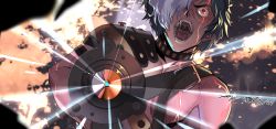 Rule 34 | 10s, 1boy, bad id, bad pixiv id, e volution, glasses, grey hair, hair over one eye, highres, ikoma (kabaneri), koutetsujou no kabaneri, looking at viewer, male focus, multicolored hair, open mouth, red eyes, short hair, shouting, solo, two-tone hair, weapon, white hair