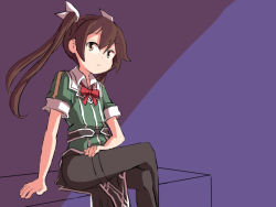Rule 34 | 1girl, black pantyhose, brown hair, commentary, cowboy shot, crossed legs, english commentary, hair between eyes, hair ribbon, kantai collection, long hair, looking at viewer, military, military uniform, one-hour drawing challenge, pantyhose, pelvic curtain, red neckwear, ribbon, sitting, sixten, solo, thighband pantyhose, tone (kancolle), tone kai ni (kancolle), twintails, uniform, white ribbon