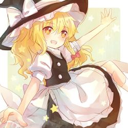 Rule 34 | + +, 1girl, :d, apron, blush, braid, collared shirt, hat, highres, kirisame marisa, lilith (lilithchan), long hair, looking at viewer, looking back, mini-hakkero, open mouth, puffy short sleeves, puffy sleeves, shirt, short sleeves, side braid, single braid, skirt, skirt set, smile, solo, star-shaped pupils, star (symbol), symbol-shaped pupils, touhou, vest, waist apron, wavy hair, witch hat