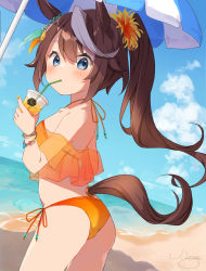 1girl absurdres animal_ears artist_name beach bikini blue_eyes brown_hair cowboy_shot day drink drinking drinking_straw frilled_bikini frills hair_between_eyes halterneck highres holding holding_drink horse_ears horse_girl horse_tail long_hair multicolored_hair nut_megu ocean orange_bikini parasol side-tie_bikini_bottom signature solo string_bikini swimsuit tail tokai_teio_(umamusume) two-tone_hair umamusume umbrella white_hair