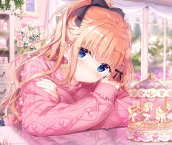 Rule 34 | 1girl, absurdres, aran sweater, black bow, blue eyes, blurry, blurry background, blush, bow, brown hair, cable knit, closed mouth, curtains, day, depth of field, flower, hair bow, high ponytail, highres, indoors, kimishima ao, long hair, long sleeves, original, pink bow, pink flower, pink rose, pink sweater, ponytail, reflection, rose, saijo melia, sleeves past wrists, solo, sweater, table, upper body, very long hair, watermark, white flower, white rose, window