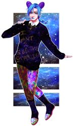 Rule 34 | 1girl, animal print, blue eyes, blue hair, blue lips, blue nails, boots, braid, butterfly print, cone hair bun, double bun, full body, hair bun, highres, jojo no kimyou na bouken, kuujou jolyne, lipstick, makeup, matching hair/eyes, multicolored hair, nail polish, purple hair, sky, solo, star (sky), starry sky, sweater, tariah furlow, two-tone hair, unmoving pattern, zipper