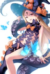 Rule 34 | 1girl, abigail williams (fate), abigail williams (second ascension) (fate), bare shoulders, blonde hair, breasts, fate/grand order, fate (series), hair over one eye, hakka (88hk88), hat, keyhole, long hair, panties, red eyes, revealing clothes, ribbon, small breasts, smile, solo, tentacles, underwear, very long hair, witch hat