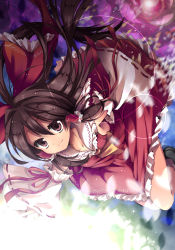 Rule 34 | 1girl, aidumi, ascot, bad id, bad pixiv id, black eyes, black hair, bow, brown eyes, brown hair, detached sleeves, female focus, flying, hair bow, hair tubes, hakurei reimu, japanese clothes, lens flare, long hair, looking at viewer, miko, outstretched arms, petals, smile, solo, spread arms, touhou, wide sleeves