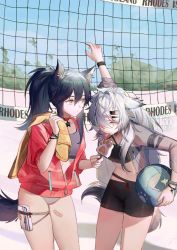 Rule 34 | 2girls, animal ears, arknights, beach, beach towel, beach volleyball, black hair, blue sky, earrings, english text, food, inuko (redconstellation), jacket, jewelry, lappland (arknights), licking, multiple girls, popsicle, popsicle stick, see-through, see-through jacket, sky, tail, texas (arknights), towel, volleyball net, white hair, wolf ears, wolf girl, wolf tail
