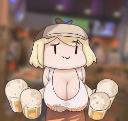 Rule 34 | 1girl, :3, alcohol, alternate breast size, bare shoulders, beer, blonde hair, blurry, blurry background, breasts, cleavage, hat, highres, hololive, hololive english, hooters, huge breasts, indoors, leaning forward, looking at viewer, nanashi mumei, short hair, smol ame, solo, standing, tank top, virtual youtuber, watson amelia, what, zedd (zedgawr)