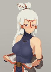 Rule 34 | 1girl, blunt bangs, bodysuit, breasts, brown eyes, facial mark, forehead mark, hair tubes, jewelry, large breasts, long hair, looking at viewer, necklace, nintendo, paya (zelda), pointy ears, putcher, short eyebrows, skin tight, sleeveless, solo, the legend of zelda, the legend of zelda: breath of the wild, undressing, white hair