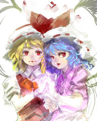 Rule 34 | 2girls, blonde hair, blue hair, flandre scarlet, hat, hat ribbon, holding hands, light smile, looking at viewer, looking to the side, mob cap, multiple girls, open mouth, partially colored, red eyes, red ribbon, remilia scarlet, ribbon, short hair, short sleeves, siblings, sideways glance, sisters, sketch, tlman, touhou, upper body, white hat