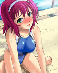 Rule 34 | 1girl, bare legs, bare shoulders, blush, breasts, cleavage, covered navel, crotch, digdug006, drain (object), embarrassed, from above, green eyes, hair ornament, minagawa harumi, one-piece swimsuit, open mouth, pink hair, pool, pool ladder, poolside, short hair, solo, swimsuit, tile floor, tiles, water, wet, wrestle angels, wrestle angels survivor, wrestle angels survivor 2