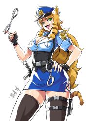 Rule 34 | 1girl, animal ears, arknights, baton, between breasts, black gloves, black necktie, black panties, blue shirt, blue skirt, breasts, cat ears, cat girl, cat tail, cleavage, cuffs, drill hair, fang, female service cap, fingerless gloves, gloves, green eyes, grey thighhighs, hand on own hip, handcuffs, hat, highres, holster, long hair, looking at viewer, medium breasts, necktie, necktie between breasts, open mouth, panties, pantyshot, parted bangs, peaked cap, pencil skirt, police, police badge, police hat, police uniform, policewoman, pouch, ryuusei (mark ii), shirt, side slit, skindentation, skirt, solo, standing, swire (arknights), tail, thigh pouch, thighhighs, twin drills, underbust, underwear, uniform, white background, zettai ryouiki