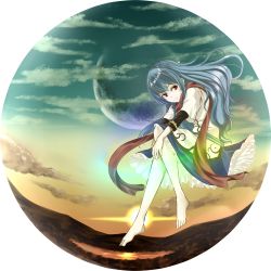 Rule 34 | 1girl, barefoot, blue hair, crescent moon, highres, hinanawi tenshi, judo fuu, long hair, looking at viewer, moon, no headwear, no headwear, red eyes, scarf, smile, solo, sunset, touhou, transparent background