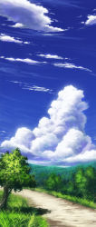 Rule 34 | aoha (twintail), blue sky, cloud, cloudy sky, day, forest, grass, highres, mountain, nature, no humans, outdoors, road, scenery, sky, tree