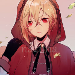 Rule 34 | 1boy, androgynous, bishounen, black gloves, blonde hair, character name, ensemble stars!, gloves, grey background, hood, hood up, leaf, long sleeves, looking at viewer, male focus, nito nazuna, parted lips, red eyes, red hood, red shirt, shirt, short hair, solo, yamacha (wly)