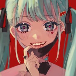 Rule 34 | 1girl, aqua hair, bandaid, bandaid on neck, black mask, blue eyes, close-up, commentary, earrings, facial tattoo, fangs, hair ornament, hairclip, hatsune miku, heart, heart hair ornament, heart in eye, heart o-ring, jewelry, long hair, looking at viewer, mask, mask pull, mouth mask, open mouth, pink shirt, portrait, red background, ring, shirt, smile, solo, symbol in eye, tattoo, twintails, ume neko (otaku-nyanko), vampire (vocaloid), vocaloid