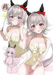 Rule 34 | ..., 2girls, alternate costume, animal ears, babydoll, bare shoulders, bespectacled, black hairband, blush, bow, breasts, brown eyes, brown hair, cleavage, closed mouth, commentary request, curren chan (umamusume), ear bow, ear covers, ear ornament, glasses, grey hair, hair between eyes, hairband, hanamura pink, highres, holding, holding stick, horse ears, horse girl, horse tail, ikuno dictus (umamusume), large breasts, looking at viewer, multicolored hair, multiple girls, multiple views, navel, purple eyes, red bow, round eyewear, short hair, simple background, sleepwear, smile, stick, streaked hair, tail, tongue, tongue out, translation request, umamusume, underwear, underwear only, white babydoll, white background, white hair