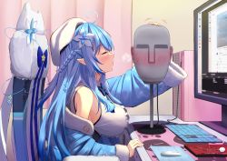 Rule 34 | 1girl, absurdres, ahoge, asmr, beret, blouse, blowing in ear, blue bow, blue coat, blue hair, blush, bow, braid, breasts, chair, closed eyes, coat, commentary request, elf, flower, from side, gaming chair, hair flower, hair ornament, half updo, hat, headpat, heart, heart ahoge, highres, hololive, keyboard (computer), large breasts, long hair, long sleeves, monitor, mouse (computer), multicolored hair, off shoulder, parted lips, pointy ears, print coat, profile, shirt, sleeveless, sleeveless shirt, snowflake print, solo, streaked hair, suiran (liquiddoes), swivel chair, very long hair, virtual youtuber, white flower, white hat, white shirt, yukihana lamy