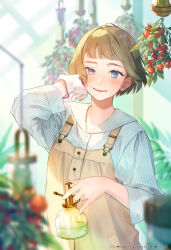 Rule 34 | 1girl, ahoge, apron, blue eyes, cherry tomato, freckles, gloves, greenhouse, highres, long sleeves, looking at viewer, medium hair, okeno kamoku, open mouth, original, sailor collar, single glove, smile, solo, spray, tomato, waist apron, white gloves