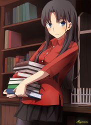 Rule 34 | 1girl, alternate hairstyle, artist name, bad id, bad pixiv id, black hair, black pantyhose, blue eyes, blush, book, book stack, bookshelf, collared shirt, fate/stay night, fate (series), hair down, highres, holding, long hair, looking at viewer, magicians (zhkahogigzkh), pantyhose, red shirt, shirt, skirt, smile, solo, tohsaka rin