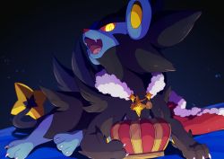 Rule 34 | claws, colored sclera, commentary request, creatures (company), crown, fangs, game freak, gen 4 pokemon, highres, kechon-san, looking down, luxray, lying, nintendo, open mouth, pokemon, pokemon (creature), red sclera, tongue, yellow eyes, yellow pupils