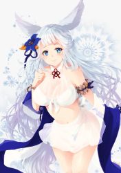 Rule 34 | 1girl, animal ears, armband, blue eyes, blush, breasts, cleavage, closed mouth, crop top, erune, flower, front-tie top, granblue fantasy, hair flower, hair ornament, hair over one eye, halterneck, hand on own chest, highres, large breasts, leaning forward, light blush, long hair, looking at viewer, miniskirt, navel, see-through, shawl, shirt, silver hair, skirt, smile, societte (granblue fantasy), solo, standing, thigh gap, thighs, umxzo, very long hair, white shirt, white skirt