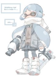 Rule 34 | 1girl, blue hair, boots, bow, bowtie, buttons, closed eyes, coat, english text, full body, grey coat, grey pantyhose, grey skirt, highres, holding, ink tank (splatoon), inkling, inkling girl, inkling player character, long hair, long sleeves, miniskirt, nintendo, pantyhose, pleated skirt, plum0o0, pointy ears, scarf, simple background, skirt, sleeves past wrists, solo, splatoon (series), splattershot (splatoon), standing, suction cups, super soaker, tentacle hair, unbuttoned, white background, white footwear, white scarf, zzz