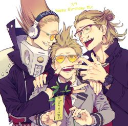 Rule 34 | 3boys, :d, age comparison, amplifier, belt, blonde hair, boku no hero academia, costume, crested hair, dated, english text, epaulettes, facial hair, finger in another&#039;s mouth, fingerless gloves, glasses, gloves, green eyes, hair up, hand on another&#039;s face, hand on another&#039;s shoulder, happy birthday, headphones, holding, holding plant, jacket, jewelry, long hair, looking at another, looking at viewer, making faces, male focus, mixed-language text, multiple boys, multiple persona, mustache, open mouth, plant, present mic, quiff, school uniform, short hair, sideways glance, sideways mouth, simple background, smile, studded belt, studded jacket, sunglasses, tag, tanabata, time paradox, tinted eyewear, translated, u.a. school uniform, upper body, ura musi, watch, white background, wristwatch