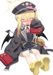 Rule 34 | 1girl, absurdres, bag, black coat, black dress, black hat, black tail, black wings, blonde hair, blue archive, blush, boots, chan seong, coat, collared shirt, crime prevention buzzer, crying, crying with eyes open, demon tail, demon wings, dress, full body, hair between eyes, halo, hat, highres, ibuki (blue archive), long hair, neck ribbon, open clothes, open coat, open mouth, peaked cap, pointy ears, red ribbon, ribbon, shirt, simple background, sleeves past fingers, sleeves past wrists, solo, tail, tears, white background, white shirt, wings, yellow eyes, yellow footwear, yellow halo