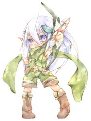 Rule 34 | 1girl, arm up, armpits, arrow (projectile), belt, blue eyes, blush, boots, bow (weapon), brown belt, brown footwear, chibi, commentary request, drawing bow, full body, green scarf, green shirt, green shorts, hair between eyes, highres, holding, holding bow (weapon), holding weapon, long hair, looking at viewer, lunaraven, navel, open mouth, pointy ears, ragnarok online, ranger (ragnarok online), scarf, shirt, shorts, simple background, sleeveless, sleeveless shirt, solo, standing, weapon, white background, white hair