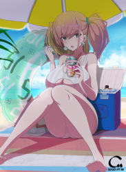Rule 34 | 1girl, artist logo, atlanta (kancolle), barefoot, beach, beach umbrella, blue sky, breasts, brown hair, casual one-piece swimsuit, clothing cutout, cloud, commentary request, cooler, dated, day, earrings, food, grey eyes, innertube, jewelry, kantai collection, koappu, large breasts, long hair, looking at viewer, navel cutout, one-piece swimsuit, outdoors, shaved ice, sitting, sky, solo, spoon, star (symbol), star earrings, striped clothes, striped one-piece swimsuit, swim ring, swimsuit, two side up, umbrella, underboob