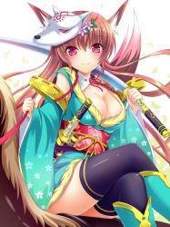Rule 34 | 1girl, animal ears, animal mask, black thighhighs, blush, breasts, brown hair, cleavage, crossed legs, fox ears, fox mask, fox tail, hair ornament, highres, horse, horseback riding, japanese clothes, kimono, large breasts, long hair, looking at viewer, mask, milkshakework, new year, obi, original, purple eyes, reins, riding, sash, sidesaddle, simple background, sitting, smile, solo, sword, tail, thighhighs, weapon