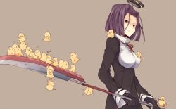 Rule 34 | 10s, 1girl, animal, animal on shoulder, bird, chick, glaive (polearm), glasses, gloves, halo, kantai collection, long sleeves, mechanical halo, meme, polearm, purple eyes, purple hair, safai, short hair, simple background, solo, tatsuta (kancolle), too many, too many birds, too many chicks, weapon