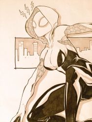 Rule 34 | 1girl, ^^^, arm support, armpits, bodysuit, breasts, building, cityscape, collarbone, female focus, from side, gloves, gradient background, gwen stacy, highres, hood, hooded bodysuit, large breasts, leaning forward, lightning bolt symbol, looking at viewer, marker (medium), marvel, mask, monochrome, on one knee, outdoors, outstretched arm, shadow, skyscraper, solo, spider-gwen, spider web print, superhero costume, thighs, traditional media, yokota mamoru