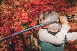Rule 34 | 1girl, autumn leaves, commentary request, derivative work, green vest, holding, holding sword, holding weapon, katana, konpaku youmu, long sleeves, making-of available, metal, photo-referenced, photorealistic, realistic, shirt, short hair, silver hair, sword, touhou, vest, weapon, yd (orange maru)