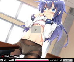 Rule 34 | 1girl, akatsuki (kancolle), blue eyes, blue sailor collar, blurry, blurry background, blush, bow, bow bra, bra, brand name imitation, breasts, brown pantyhose, closed mouth, clothes lift, commentary request, day, depth of field, dutch angle, fake video, gluteal fold, hair between eyes, hands up, highres, indoors, kantai collection, lifted by self, long hair, long sleeves, navel, no headwear, no pants, panties, panties under pantyhose, pantyhose, play button, purple hair, sailor collar, school uniform, serafuku, shirt, shirt lift, small breasts, solo, standing, sunlight, tamayan, thighband pantyhose, training bra, underwear, very long hair, white bra, white panties, white shirt, window