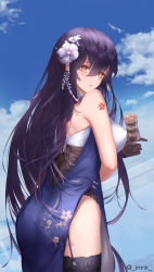 Rule 34 | 1girl, absurdres, ass, azuma (azur lane), azuma (soft voice of spring) (azur lane), azur lane, black thighhighs, blue sky, breasts, china dress, chinese clothes, cloud, dress, dutch angle, flower, from behind, garter straps, gloves, hair flower, hair ornament, half gloves, highres, holding, iamnk, japanese clothes, kimono, lace, lace-trimmed legwear, lace trim, large breasts, long hair, looking at viewer, looking back, off shoulder, official alternate costume, pelvic curtain, purple hair, shoulder tattoo, sky, solo, tattoo, thighhighs, thighs, white flower
