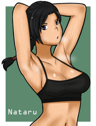 Rule 34 | 1girl, armpits, arms up, black hair, blue eyes, braid, braided ponytail, breasts, breath, cleavage, crop top, final fantasy, final fantasy xiv, green background, looking to the side, midriff, navel, open mouth, original, presenting armpit, saberrung, scar, scar on face, scar on nose, shiny skin, small breasts, stomach, sweat, wet