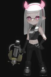 Rule 34 | 1girl, absurdres, belt, black background, black footwear, black gloves, black pants, black shirt, boots, closed mouth, commentary request, crop top, full body, gloves, gun, hairband, hand on own hip, highres, holding, holding gun, holding weapon, horn hairband, inkling, inkling girl, inkling player character, leather shirt, long hair, midriff, navel, negi kobito, nintendo, pants, pink eyes, pink hairband, shirt, simple background, solo, splash-o-matic (splatoon), splatoon (series), tentacle hair, thick eyebrows, weapon, white hair