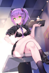 Rule 34 | 1girl, blush, breasts, clothing cutout, crossed legs, ear piercing, food, green eyes, hair ornament, hairclip, highres, holding, holding tray, hololive, horns, long hair, looking at viewer, multicolored hair, necktie, on table, panties, panty peek, piercing, pink hair, purple hair, purple necktie, rei (rei&#039;s room), shoes, side ponytail, small breasts, socks, solo, streaked hair, table, tokoyami towa, tray, underwear, virtual youtuber