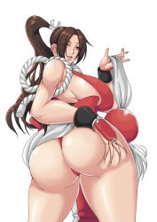 Rule 34 | ass, ass grab, breasts, brown hair, curvy, fatal fury, hip focus, huge ass, huge breasts, long hair, looking back, mifune seijirou, one eye closed, ponytail, shiranui mai, smile, thick thighs, thighs, wide hips, wink
