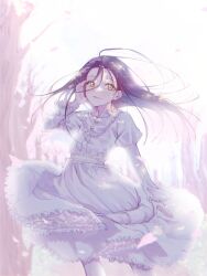 Rule 34 | 1girl, black hair, blush, cherry blossoms, dress, floating hair, frilled dress, frills, highres, kamisaki hikaru, long hair, looking at viewer, medalist (manga), moc 0625, outdoors, parted lips, petals, smile, solo, white dress, wind, yellow eyes