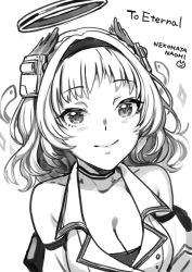 Rule 34 | 1girl, bare shoulders, breasts, cleavage, collarbone, commission, greyscale, hairband, headset, kamishiro rita, mechanical, monochrome, nekomata naomi, prism project, skeb commission, sketch, solo, upper body, virtual youtuber, wavy hair, white hair