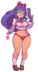 Rule 34 | 1girl, :3, artist name, black eyes, blue eyes, blue sailor collar, blunt bangs, blush, bow, bow panties, breasts, brown footwear, character cutout, drop shadow, female focus, finger on trigger, full body, gluteal fold, gun, hair bow, hand up, handgun, happy, highres, holding, holding gun, holding weapon, light blush, long hair, long sleeves, looking down, medium breasts, mole, mole under eye, navel, neckerchief, no pants, open mouth, outline, panties, pinky out, pipimi, poptepipic, purple hair, red bow, red neckerchief, red panties, sailor collar, school uniform, serafuku, shiny skin, shirt, shoes, sidelocks, signature, simple background, skindentation, smile, socks, solo, standing, starmilk, stomach, thick thighs, thighs, transparent background, underwear, very long hair, weapon, white outline, white shirt, white socks, wide hips
