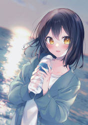 Rule 34 | 1girl, absurdres, black hair, blush, bottle, collarbone, commentary request, dutch angle, green jacket, highres, holding, holding bottle, jacket, kmr 7m, long sleeves, looking to the side, medium hair, ocean, open clothes, open jacket, original, outdoors, shirt, solo, sunset, upper body, water, water bottle, white shirt, yellow eyes